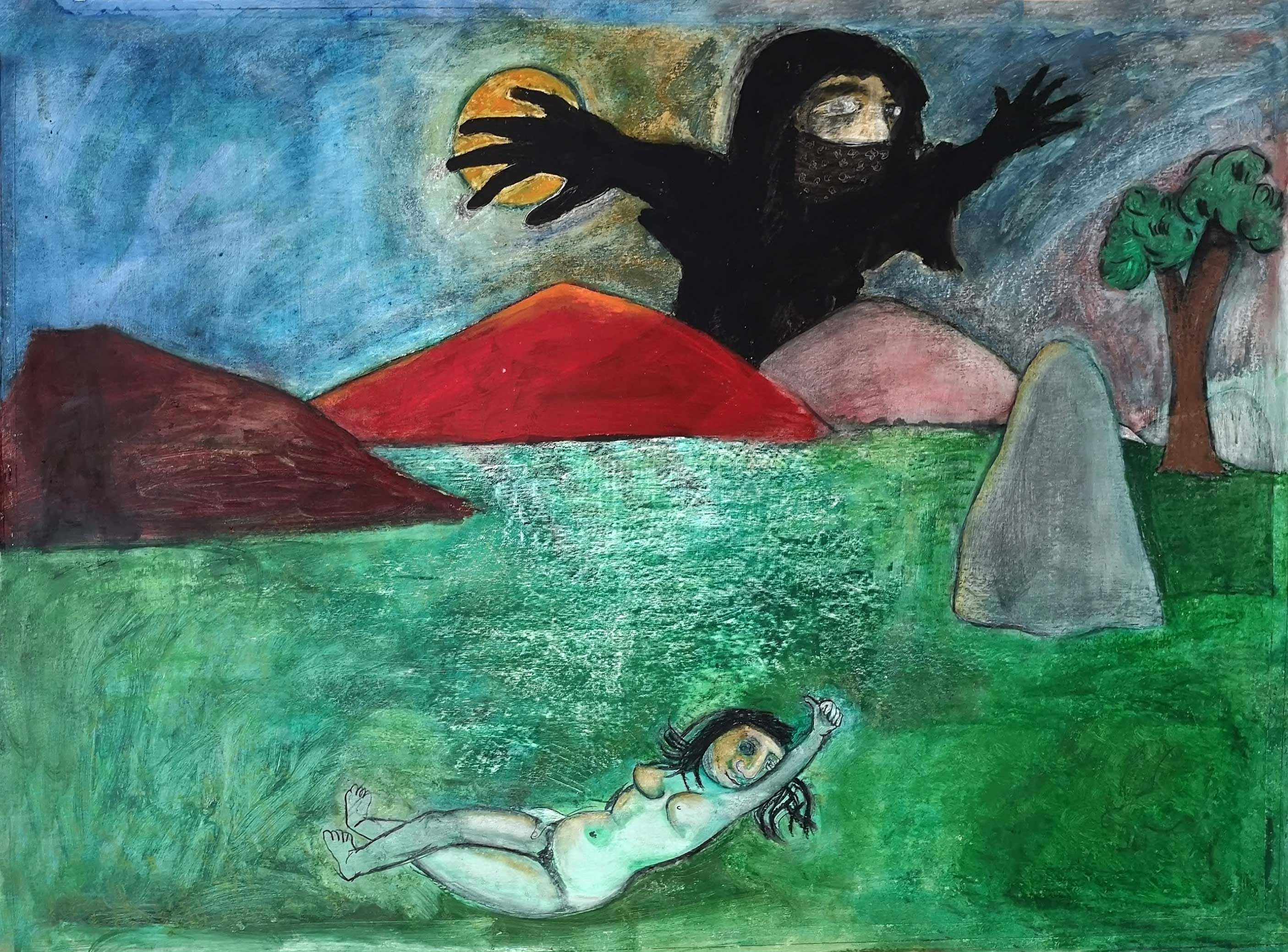 Nude lying on the grass with witch on the horizon